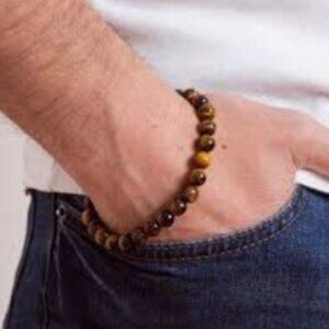 Men's Semi-Precious Natural Yellow Tiger's Eye Gemstone Beaded Bracelet (only).